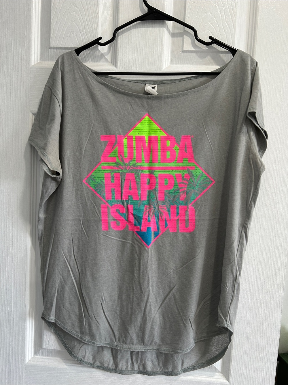 NWOT Zumba Fitness Gray Tee with Neon Pink and Lime Diamond Graphic